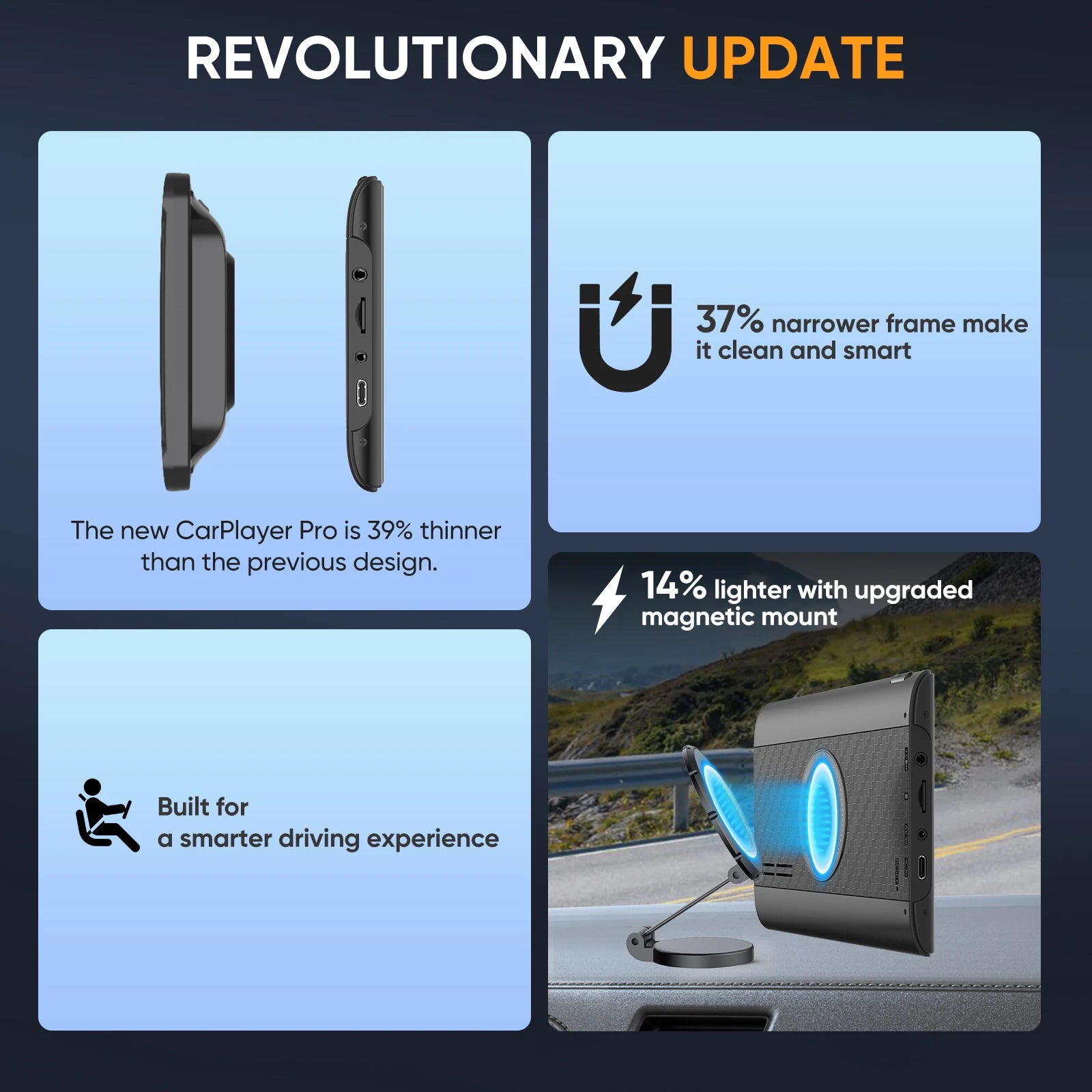 Pionrat Portable 7'' Wireless Carplay Android Auto Screen Touchscreen W/ Bluetooth Navigation FM Voice Control Magnetic Mount