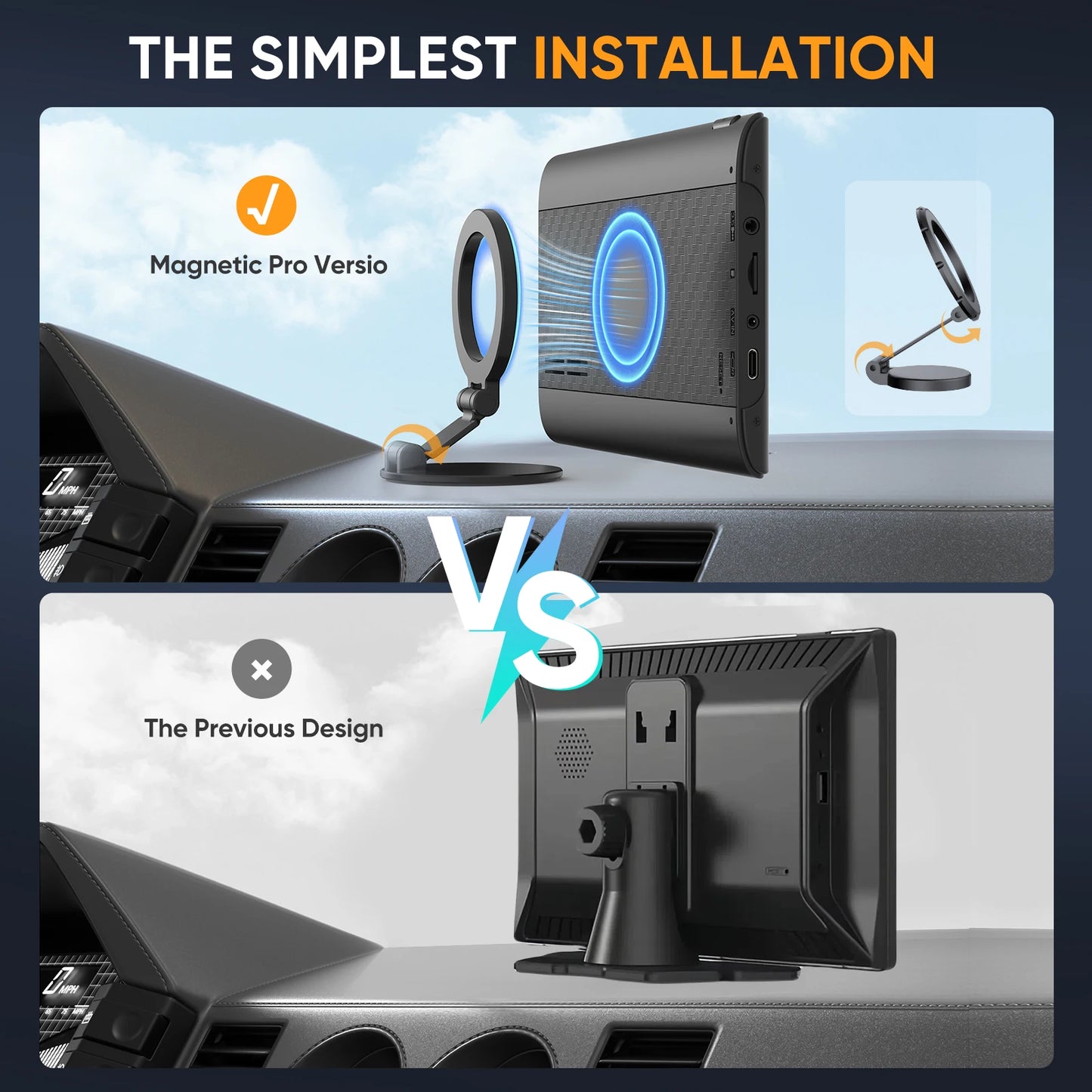 Pionrat Portable 7'' Wireless Carplay Android Auto Screen Touchscreen W/ Bluetooth Navigation FM Voice Control Magnetic Mount