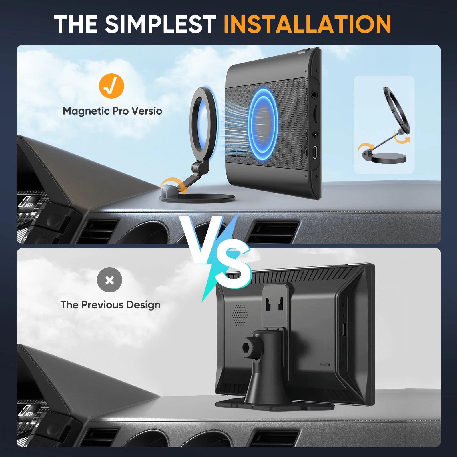 Pionrat Portable 7'' Wireless Carplay Android Auto Screen Touchscreen W/ Bluetooth Navigation FM Voice Control Magnetic Mount