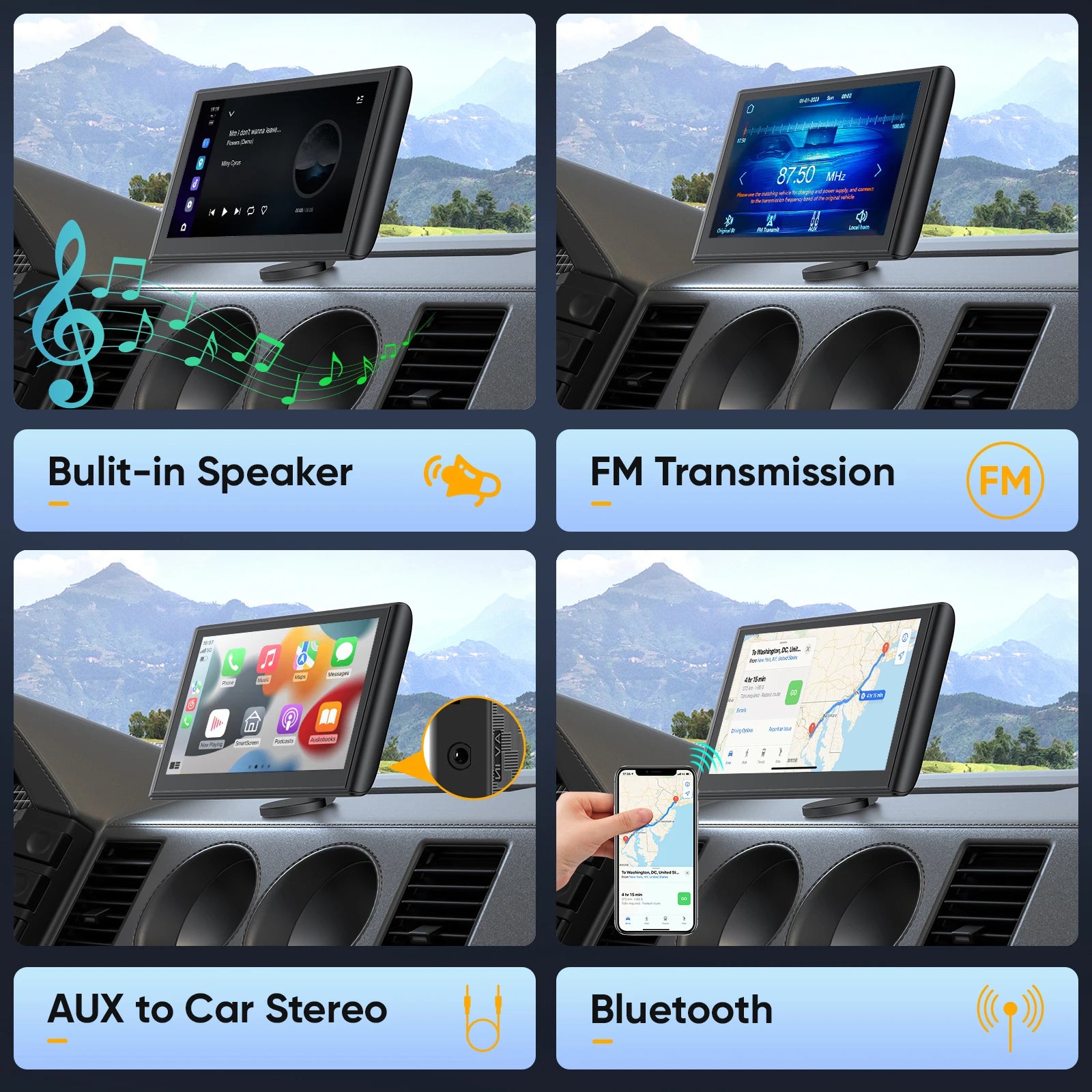 Pionrat Portable 7'' Wireless Carplay Android Auto Screen Touchscreen W/ Bluetooth Navigation FM Voice Control Magnetic Mount