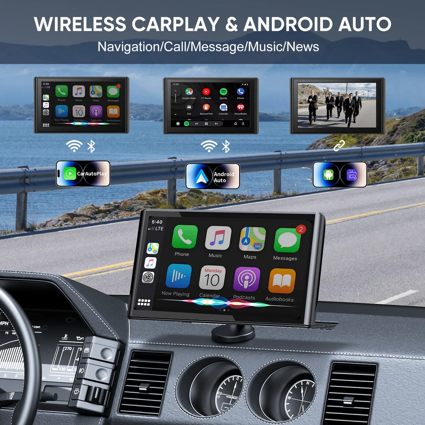 Pionrat Portable 7'' Wireless Carplay Android Auto Screen Touchscreen W/ Bluetooth Navigation FM Voice Control Magnetic Mount